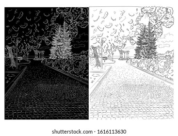 Alley in the park on the outskirts of the city. View of the Rotunda of Friendship of Peoples, White Arbor, the city of Poltava, Ukraine.