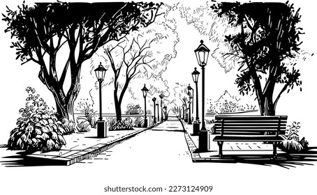 Alley park vector black line illustration art isolated white