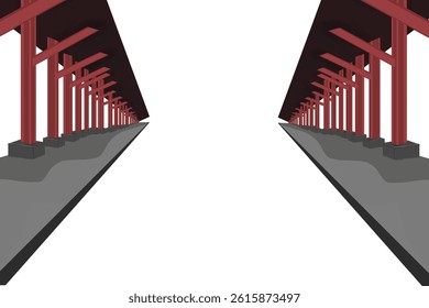 alley with the roof of a building sheltering pedestrians without background