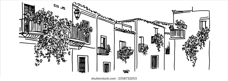 alley in Seville hand drawing doodle hatching vector sketch