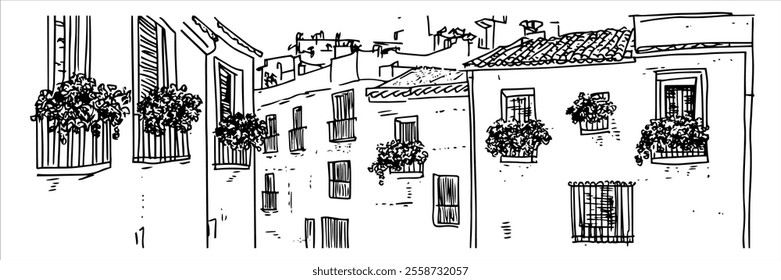 alley in Seville hand drawing doodle hatching vector sketch