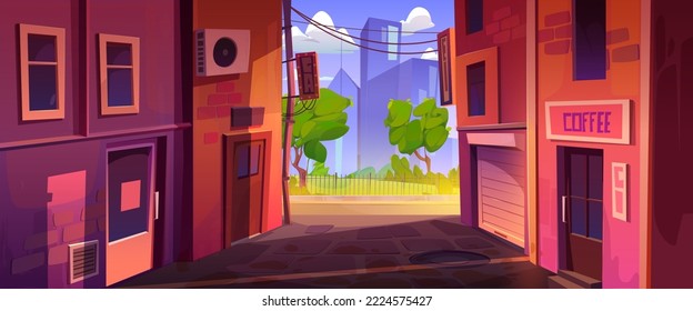 Alleyway with store and coffee house doors in buildings and view to summer city park and skyscrapers on horizon. Cityscape with empty back street alley, vector cartoon illustration