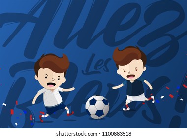 "Allez Les Bleus!" for "Go Blue!" to cheer up the french national football team with two cartoon design represent the France Football jersey Home Kit and Away Kit costumes for World Cup 2018