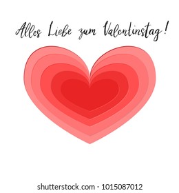 Allez Liebe zum Valentinstag Happy Valentines day hand written brush lettering with paper cut style heart design.