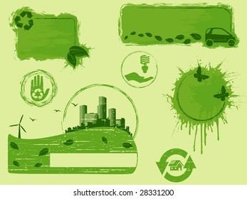 All-green grunge eco design elements (vector); a JPG version is also available