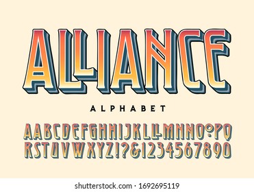 Alfabeto de la alianza; un estilo de letra con una vibración de metal pesado del siglo XX, pero con raíces en el estilo art deco y el movimiento de las artes y la artesanía. Esta fuente de tipo tiene un puñado de caracteres alternativos.