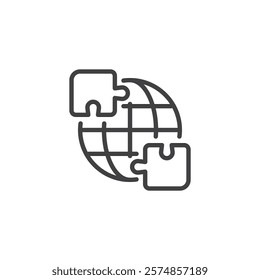 Alliance Puzzle line icon. linear style sign for mobile concept and web design. Globe and puzzle pieces outline vector icon. Unity, partnership, and cooperation symbol, logo illustration