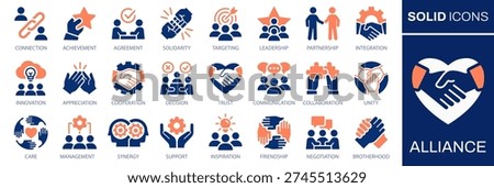 Alliance and teamwork icons set. Representing partnership, cooperation, leadership, trust, communication, and business collaboration. Solid vector icons collection.