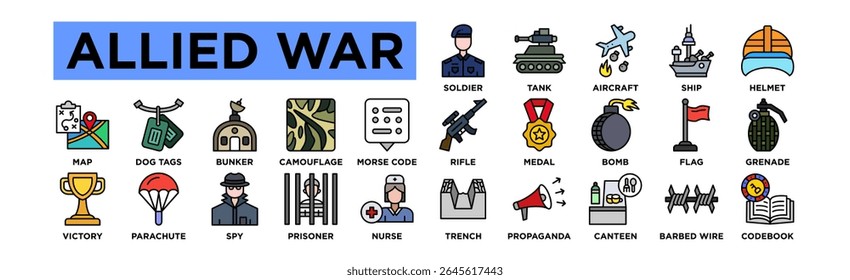  Symbolsatz für den Alliierten Krieg. Sammlung von bearbeitbaren Strichsymbolen. Soldat, Tank, Flugzeug, Schiff, Helm