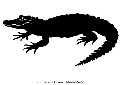 Alligator Black Vector Silhouette on white background, Crocodile Vector Illustration.  Wild Animals. Reptile.