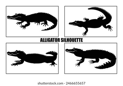 Alligator Black Vector Silhouette on white background, Crocodile Vector Illustration.  Wild Animals. Reptile.
