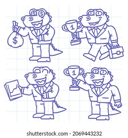 Alligator businessman set doodle part one. Hand drawn character. Vector Illustration