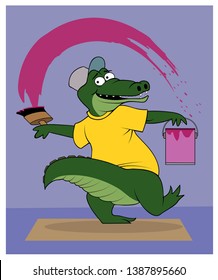 An alligator cartoon character paints a wall.