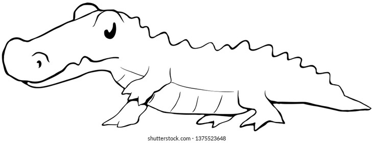 Alligator cartoon line drawing, vector, horizontal, over white