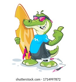 alligator cartoon mascot with surfboard and sunglasses