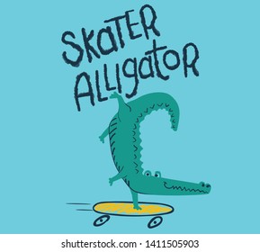 alligator cartoon on skateboard. 