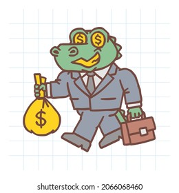 Alligator character holding briefcase and bag with money. Hand drawn character. Vector Illustration