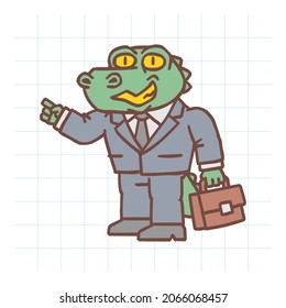 Alligator character holding briefcase and points finger at. Hand drawn character. Vector Illustration