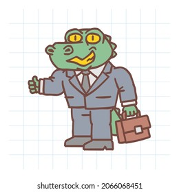 Alligator character holding briefcase and showing thumbs up. Hand drawn character. Vector Illustration