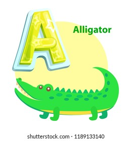 Alligator children alphabet with word and character. Water dweller with crocodile animal. Educational learning flashcard isolated vector, letter A