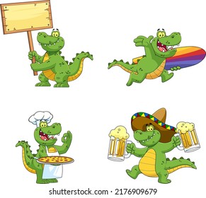 Alligator Or Crocodile Cartoon Character Different Poses. Vector Hand Drawn Collection Set Isolated On White Background