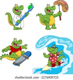 Alligator Or Crocodile Cartoon Character Different Poses. Vector Hand Drawn Collection Set Isolated On White Background