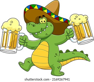 Alligator Or Crocodile Cartoon Character Running With Mexican Sombrero And Two Beer Glasses Mug. Vector Hand Drawn Illustration Isolated On White Background