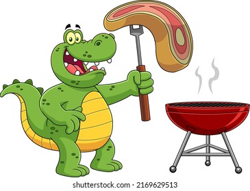 Alligator Or Crocodile Cartoon Mascot Character Holding A Raw Steak On BBQ Fork. Vector Hand Drawn Illustration Isolated On White Background