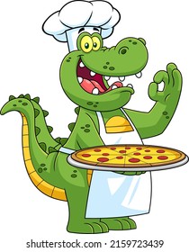 Alligator Or Crocodile Chef Cartoon Character Holding A Pizza And Gesturing Are Ok. Vector Hand Drawn Illustration Isolated On White Background