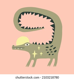 Alligator crocodile childish cartoon groovy boho illustration naive funky handdrawn style art vector