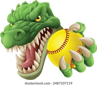 An alligator, crocodile or dinosaur softball or baseball animal sports mascot holding a ball in his claw