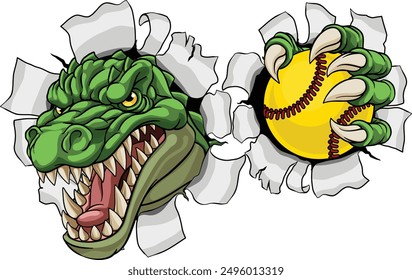 An alligator, crocodile or dinosaur softball or baseball animal sports mascot holding a ball in his claw