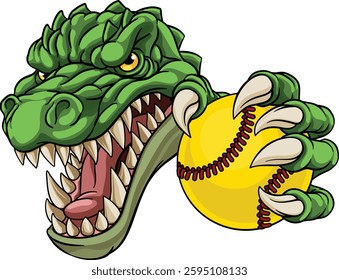 An alligator, crocodile or dinosaur softball or baseball animal sports mascot holding a ball in his claw