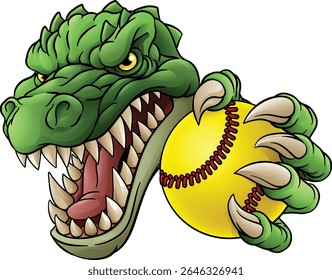 Um jacaré, crocodilo ou softball dinossauro ou mascote de esportes de animais de beisebol segurando uma bola em sua garra