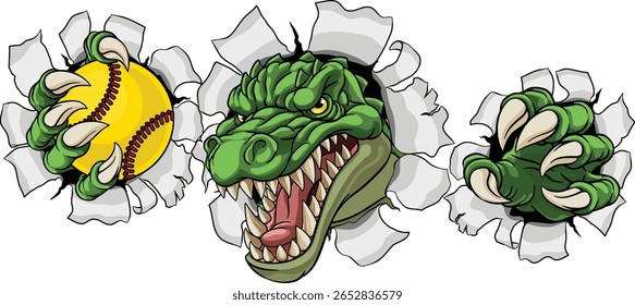 Um jacaré, crocodilo ou softball dinossauro ou mascote de esportes de animais de beisebol segurando uma bola em sua garra