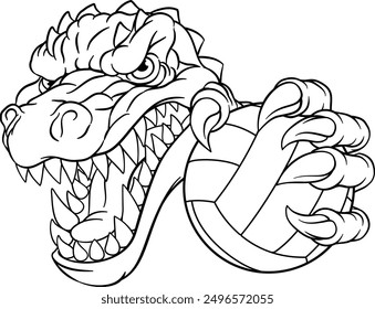 An alligator, crocodile or dinosaur volleyball animal sports mascot holding a volley ball in his claw