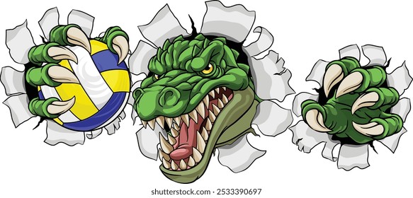 An alligator, crocodile or dinosaur volleyball animal sports mascot holding a volley ball in his claw