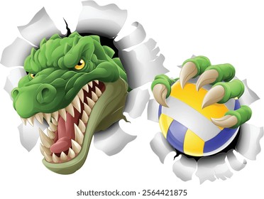 An alligator, crocodile or dinosaur volleyball animal sports mascot holding a volley ball in his claw