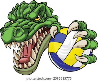 An alligator, crocodile or dinosaur volleyball animal sports mascot holding a volley ball in his claw