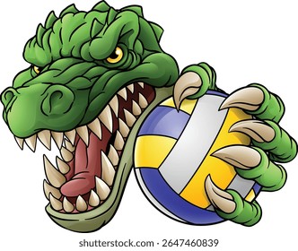 Um jacaré, crocodilo ou dinossauro voleibol animal esporte mascote segurando uma bola de vôlei em sua garra