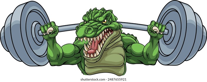 An alligator, crocodile or dinosaur weight lifting gym animal sports mascot lifting a barbell