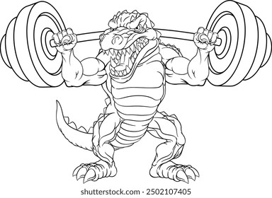 An alligator, crocodile or dinosaur weight lifting gym animal sports mascot lifting a barbell