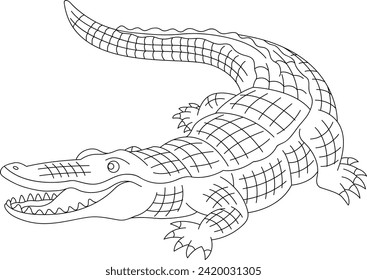 Alligator Crocodile reptile cartoon black and white vector line art coloring page illustration