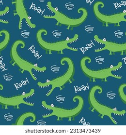 Alligator or crocodile with roar text, seamless pattern. Good for textile print, wrapping and wall paper, cover design. 