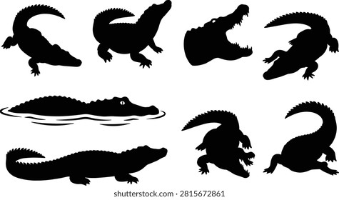 Alligator and crocodile silhouette collection featuring walking, swimming, and open‑jaw poses