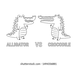 Alligator and crocodile vector illustration cartoon isolated on white background. The difference between alligator and crocodile. Cute alligator and crocodile cartoon colorless for coloring book. 