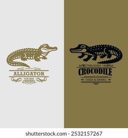 Alligator and Crocodile Vintage Logo Pack for Food and Restaurant Branding, Premium Alligator and Crocodile Logo Designs for Steakhouse and Bar Branding.