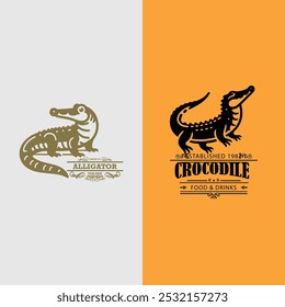 Alligator e Crocodile Vintage Logo Pack para marca de comida e restaurante, Premium Alligator e Crocodile Logo Designs para Steakhouse e Bar Branding.