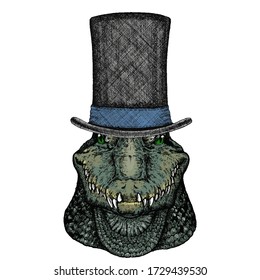 Alligator. Crocodilia. Portrait Of African Agressive Animal. Cylinder Hat.