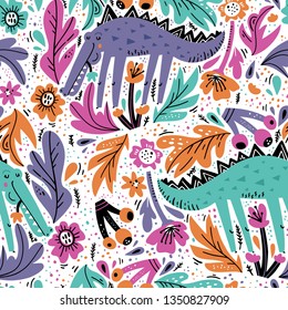 Alligator flat hand drawn seamless pattern. Cute crocodile cartoon character with flowers, berries, leaves. Jungle, rainforest, savanna african animal. Wildlife wrapping paper, kid textile, background